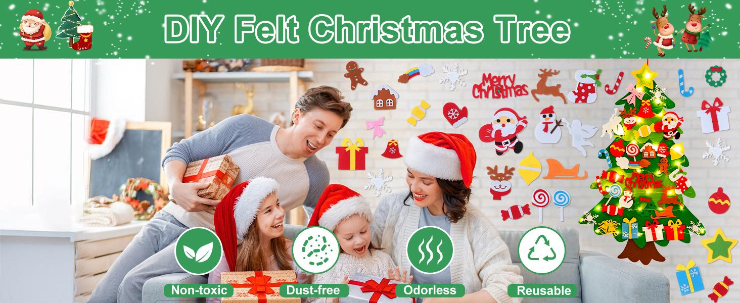 DIY Felt Christmas Tree Kit with 34pcs Detachable Ornaments & 5M LED Lights for Kids - 3.3 FT Wall Hanging Xmas Decorations Craft Kits