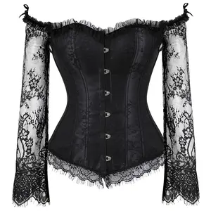 Renaissance Corset Top with Sleeves for Women 3/4 Corset Sleeve Plus Size Corsets Renaissance Corset Strap Black Costumes Princess Overbust Halloween Costumes Ideas Party Outfit Gothic Corset 8125-Q