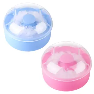 2Pcs Baby Body Cosmetic Powder Puff Set with Pink and Blue Cases 3.54" Diameter 2.36" Height for Children and Adults Plastic Acrylic Wool Fabric