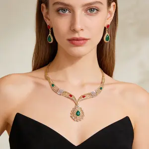 Green Crystal Statement Necklace and Earrings Set Gold Rhinestone Jewelry for Women