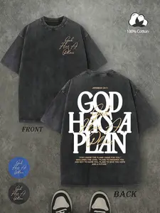 Unisex vintage wash T-shirt made of 100% cotton. The text “God has His own plans” is printed on both sides. This men’s casual, comfortable, stylish, urban-style cotton garment features a distressed design. It’s a slightly shorter shirt