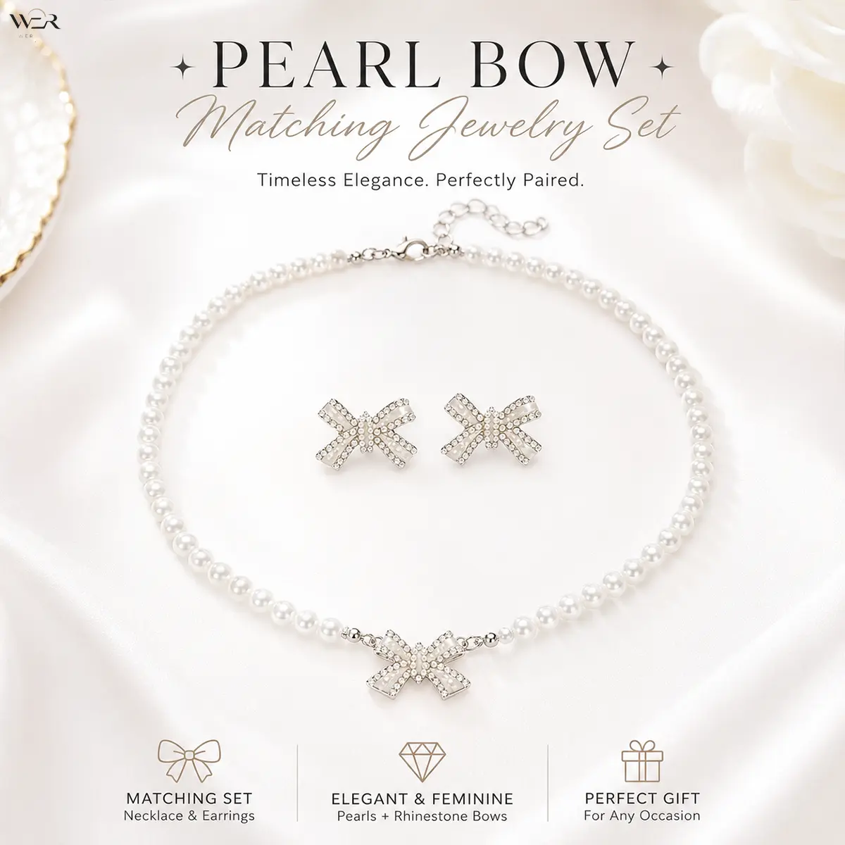 Pearl Bow Jewelry Set Necklace Earring Silver Sparkling Elegant Lightweight Comfortable Versatile Feminine Summer Gift for Women Girls Daily Wear Special Occasion Perfect Accessory