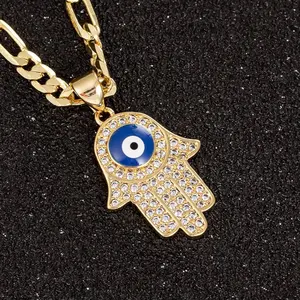 Evil Eye Hamsa Hand Necklace with Gold Cubic Zirconia Inlay for Women and Men, 3mm Figaro Chain Necklace 18/22 inches