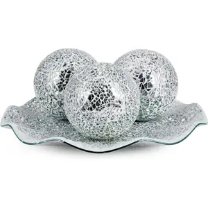 Centerpiece Bowl and Balls Set, Mosaic Tray with 3 count Spheres, 12" Decorative Plate with 4" Mosaic Orbs for  Decor,  ()