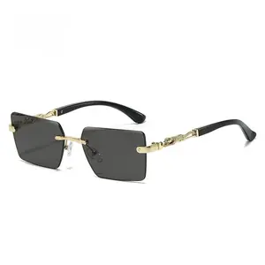 Rimless Rectangle Gradient Lens Metal Frame Cut Edge Trendy Fashion Sunglasses