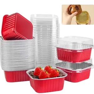 50 Pack Square Mini Cake Boxes with Lids, Air Fryer Aluminum Foil Pans, 5oz Baking Cups, Disposable Bakeware for Cheesecake Pudding Baking, Ideal for Party, Picnic and Festival Celebrations
