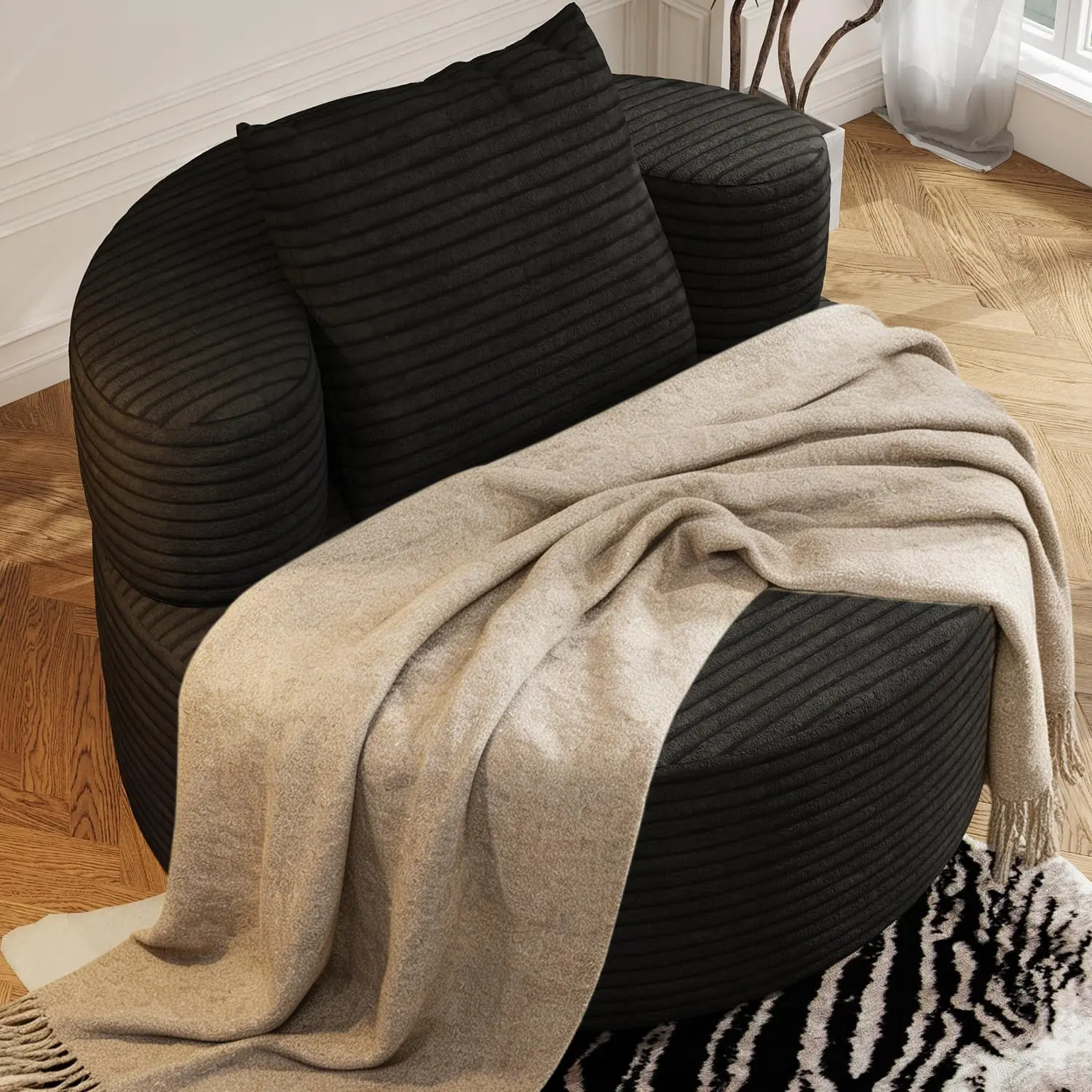 [Summer Vibes] 37.4" Round Corduroy Boneless Chair, Deep Seat Floor Sofa Lounge with Pillows, No Assembly Accent Reading & Corner Sleeper Chair for Adults, Ideal for Living Room Bedroom Apartment, Black