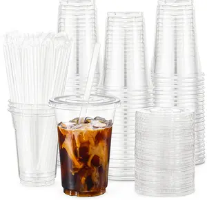 [12oz-32oz] Eco-Friendly Disposable Cups with Lids & Straws - 32oz-12oz Clear Plastic Cups for Iced Coffee, Smoothies, Milkshakes & Cold Drinks - Perfect for Home or Business Use