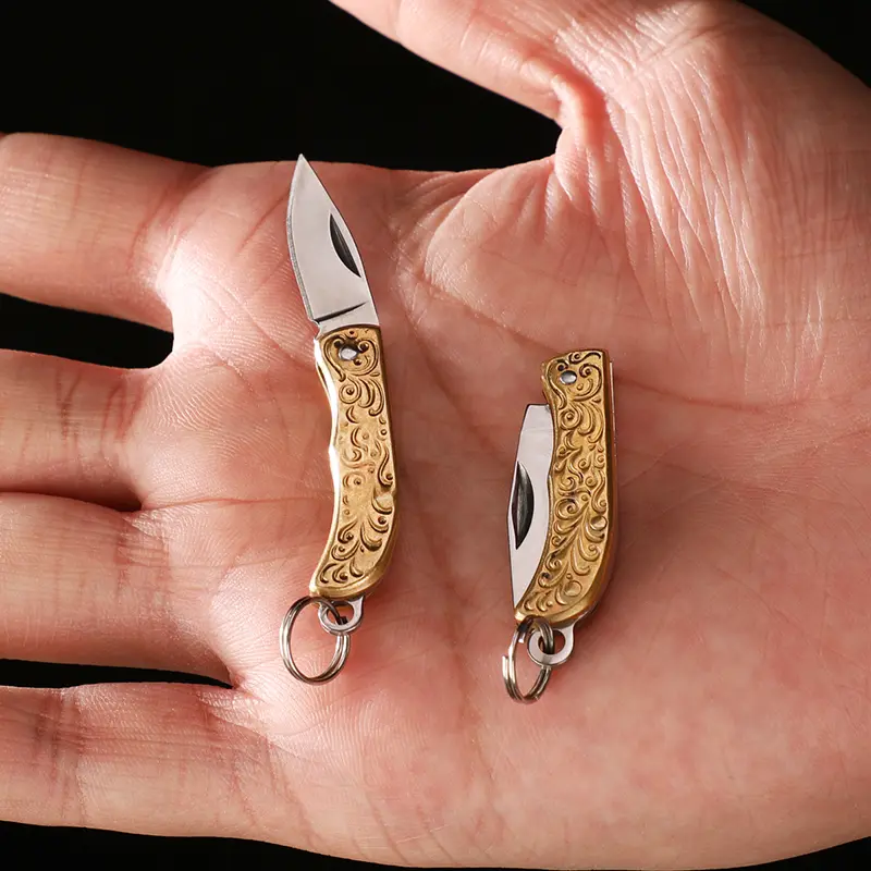 【DealsforYouDays】Mini Keychain Folding Utility Knife with Engraved Brass Handle, Portable Pocket Cutter, Small Stainless Steel Blade for Daily Use, Package Opening & Crafts fold knife outdoorfun pocket knife