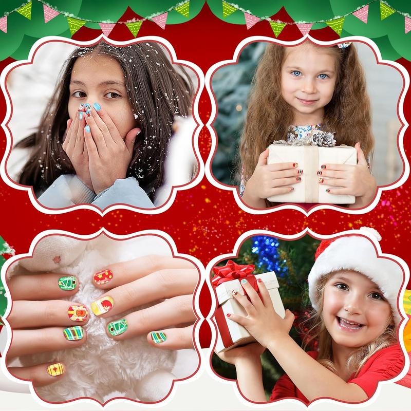 216 Pieces Kids Christmas Press On Nails 9 Pack Full Cover Short Stick On Fake Nails for Girls Cute Holiday Nail Art for Party Favors and Gifts