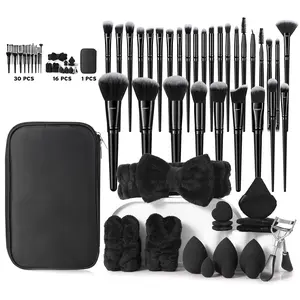 47PCS All-in-One Makeup Tools Set, 30PCS Professional Makeup Brushes, Makeup Sponges, Mini Sponges, Triangle & Mini Air Cushion Powder Puffs, Hairband, Hand Bowl Straps, Eyelash Curler and Zipper Storage Bag, Portable Travel Beauty Kit