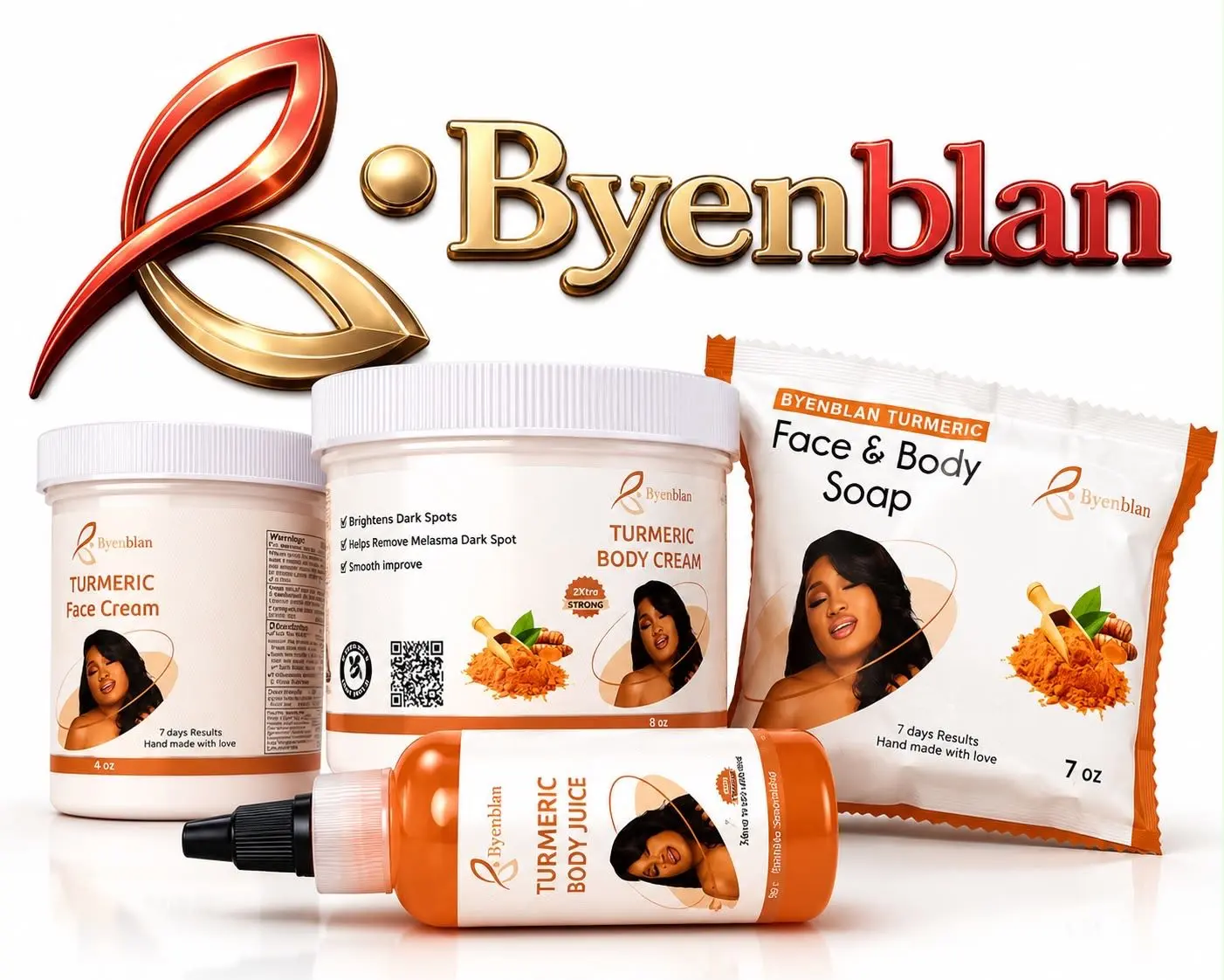 ManMan Dani, Sets Of 4 Pcs Byenblan Turmeric ,Body Juice 4 Oz,1 Body Cream 8 oz,1Face Cream 4 oz, 1 Face & Body Soap 7 Oz Cleansers, Daily