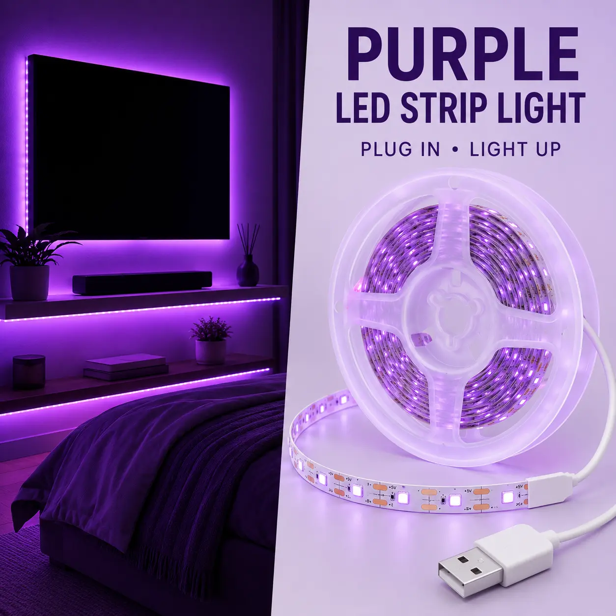 Purple Flexible LED Strip Lights - 5V USB Powered, Self-Adhesive, Cuttable, 5V Power LED Lights for Bedroom, Gaming Room Supplies, 2M/3M/5M/10M TV Wall Lighting