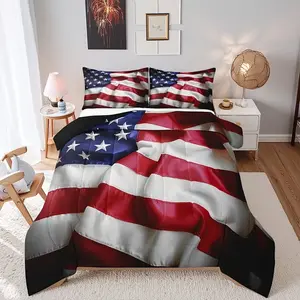 American Flag Bedding Set 1 Quilt + 2 Pillowcases No Core, Blue Geometric Striped Patchwork, Bedroom Decor Soft Comfortable Gift