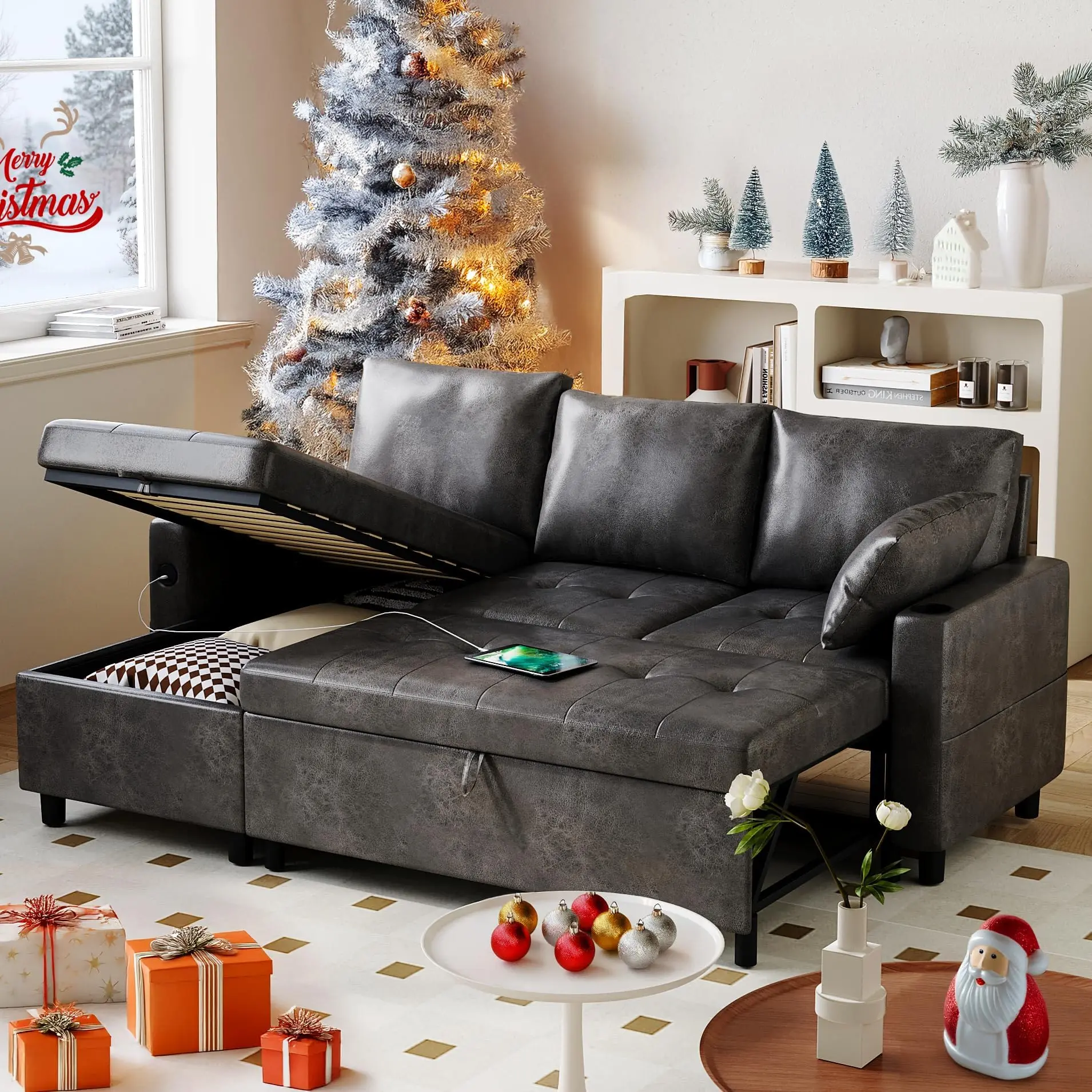 【2 packages arrived at different times】Aecojoy 84'' Pull Out Sleeper Couch Bed, Sofa Bed- 3 in 1 Pull Out Couch with Storage Chaise USB Cup Holder Side Pocket, Sectional Couches for Living Room, Bedroom and Apartment, Coal
