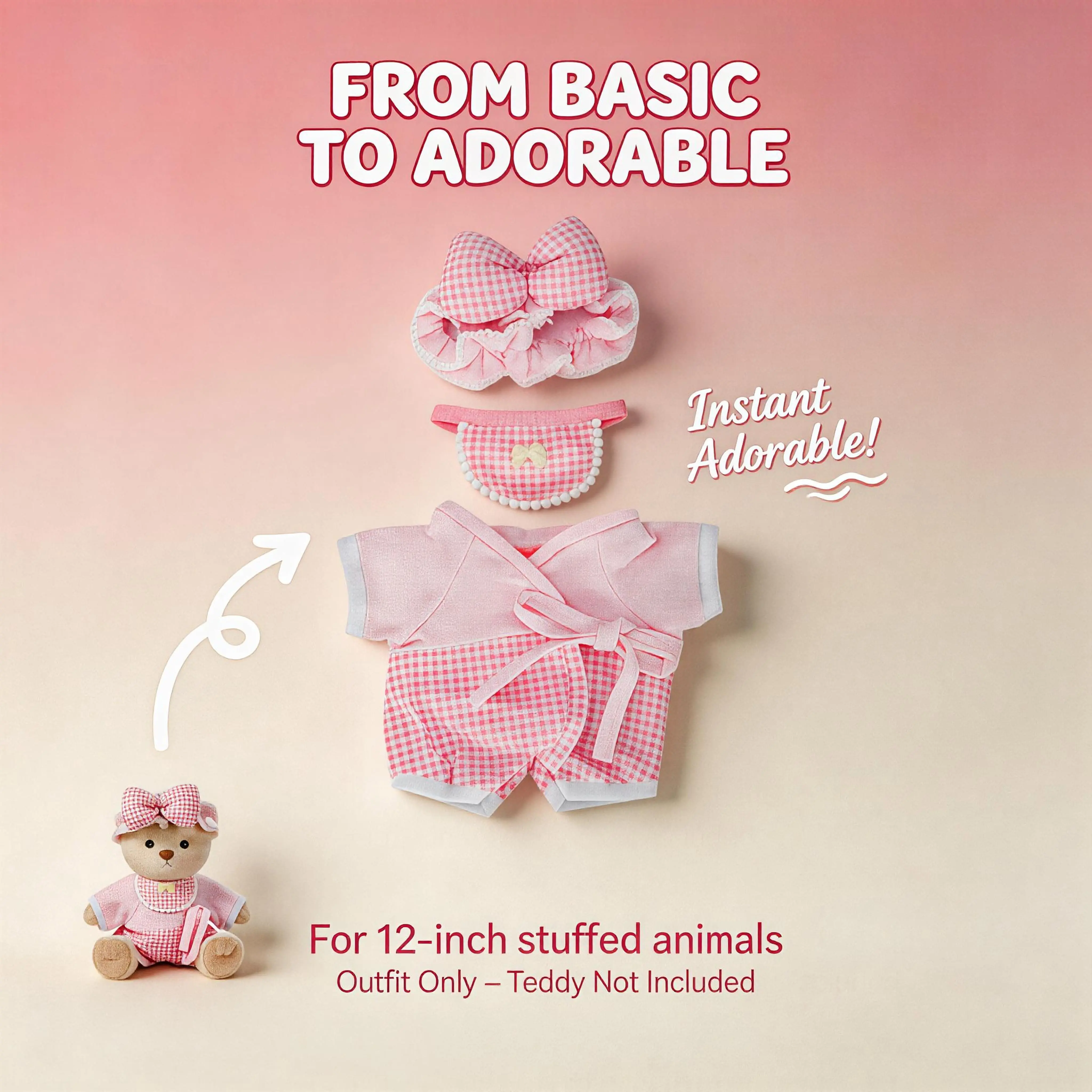 12-inch beige-pink plaid pajama three-piece set