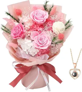 Preserved Flowers Bouquets - Forever Pink Flowers with Necklace for Her, Natural Long Lasting Rose for Mothers Day Anniversary Birthday