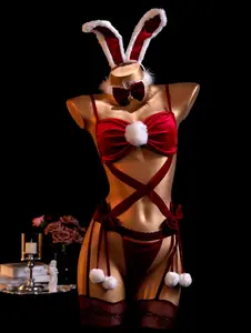 Christmas Limited Edition Bunny Teddy Lingerie & Bodysuits with Fluffy Pom-Poms Crisscross Strap Design in Luxurious Wine-Red Velvet bridget  jones  bunny  costume