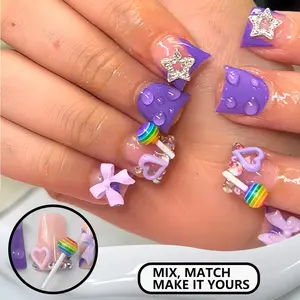 24 Pcs 3D Duck Bill Nail Tips, Candy Bow Star Heart Design, Rhinestone Decor, Glossy Gel False Nails, Reusable, Y2K Style, Removable False Nails