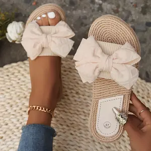 Women'S Bowknot Decor Slide Sandals, Casual Slip On Flat Summer Shoes, Lightweight Beach Shoes