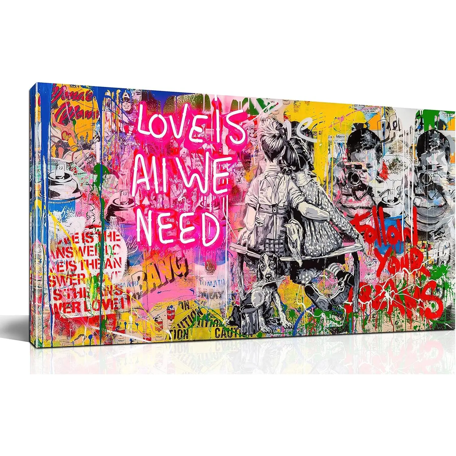 Banksy Street Wall Art - Graffiti Abstract Canvas Wall-Art for Living Room Ready To Hang Size 32" x 16" Framed