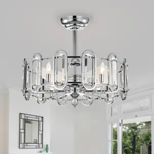 Dia 26 inch Crystal Chandelier Ceiling Fan Vintage Fandelier Flush Mounted Invisible for Bedroom Dining Room Living Room Kitchen Farmhouse Entry, Chrome