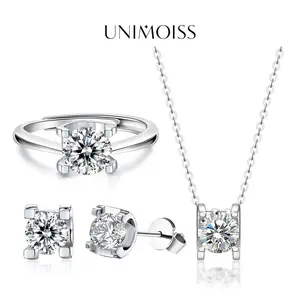 UniMoiss Moissanite 1ct Classic Solitaire Prong Jewelry Set Silver-Plated Earrings Ring Necklace Set for Birthday Wedding Engagement Anniversary Gift Daily Wear