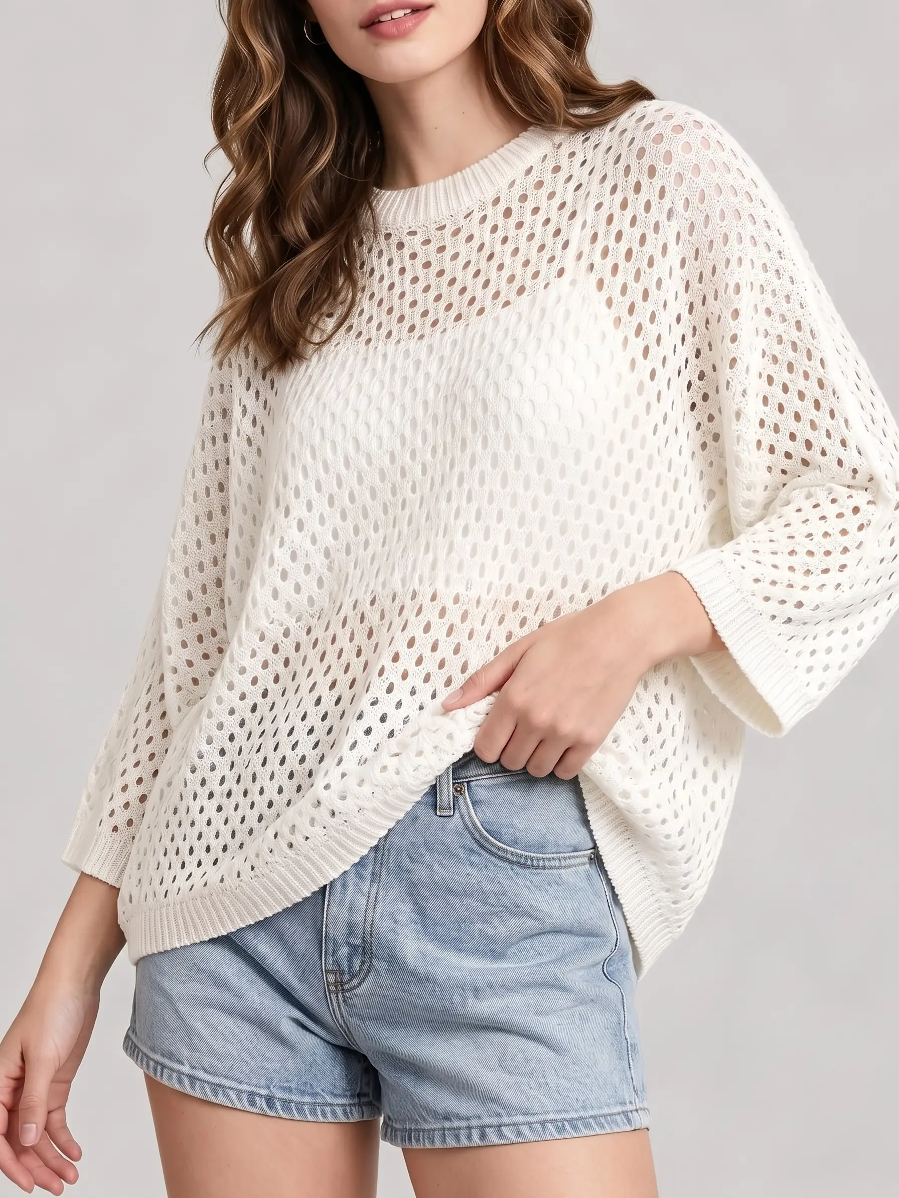 Shewin Women's Round Neck 3/4 Sleeve Open Knit Baggy Oversize Pullover - Breathable Lightweight Polka Dots Clothing, Beach Cover Up, Summer Vacation Casual Top - Do Not Dry Clean, Womenswear Knitwear, Knit Tops,sohochic
