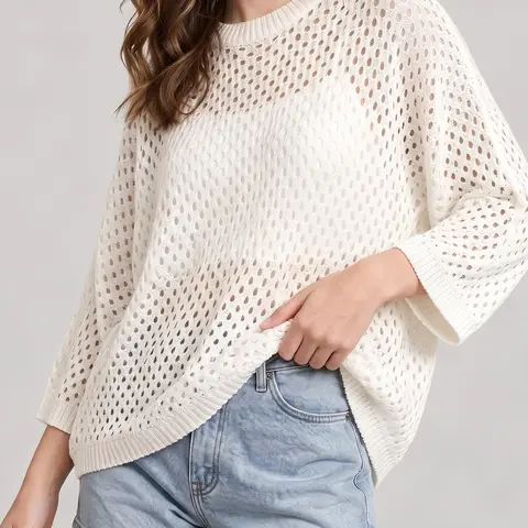 Shewin Women's Oversized Round Neck 3/4 Sleeve Lightweight Knit Pullover - Open Knitting, Hollow-Out Detail, 60% Stretch Move, Breathable Polka Dot, Edgy Vibe, Beach Cover Up, Summer Vacation Cute Tops for Women - No Dry Clean