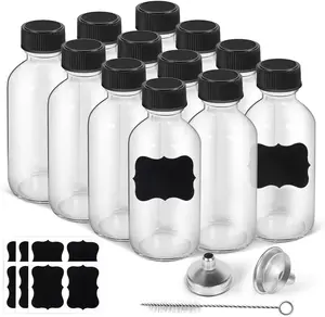 2oz Small Clear Glass Bottles with Lids, 2 Stainless Steel Funnel, 12 Labels,1 Brush - 60ml Reusable Boston Bottle for Juice, Ginger Shot, Wellness, Oils, Whiskey, Liquids - Leakproof Travel Bottle
