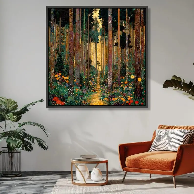 Gustav Klimt Forest Path poster , Colorful Floral Trees Wall Art, Golden Autumn Landscape  Nature Inspired Home Decoration