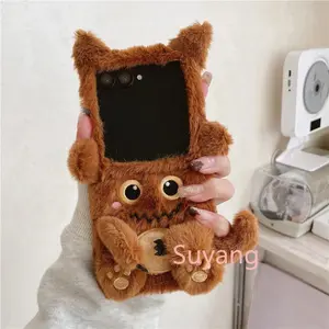 3D Cute Soft Funny Plush Monster Phone Cases For Samsung Galaxy Z Flip 7 FE 6 5 4 3 ZFlip7 Flip6 Fluffy Fur Hard Shell Gift Girl