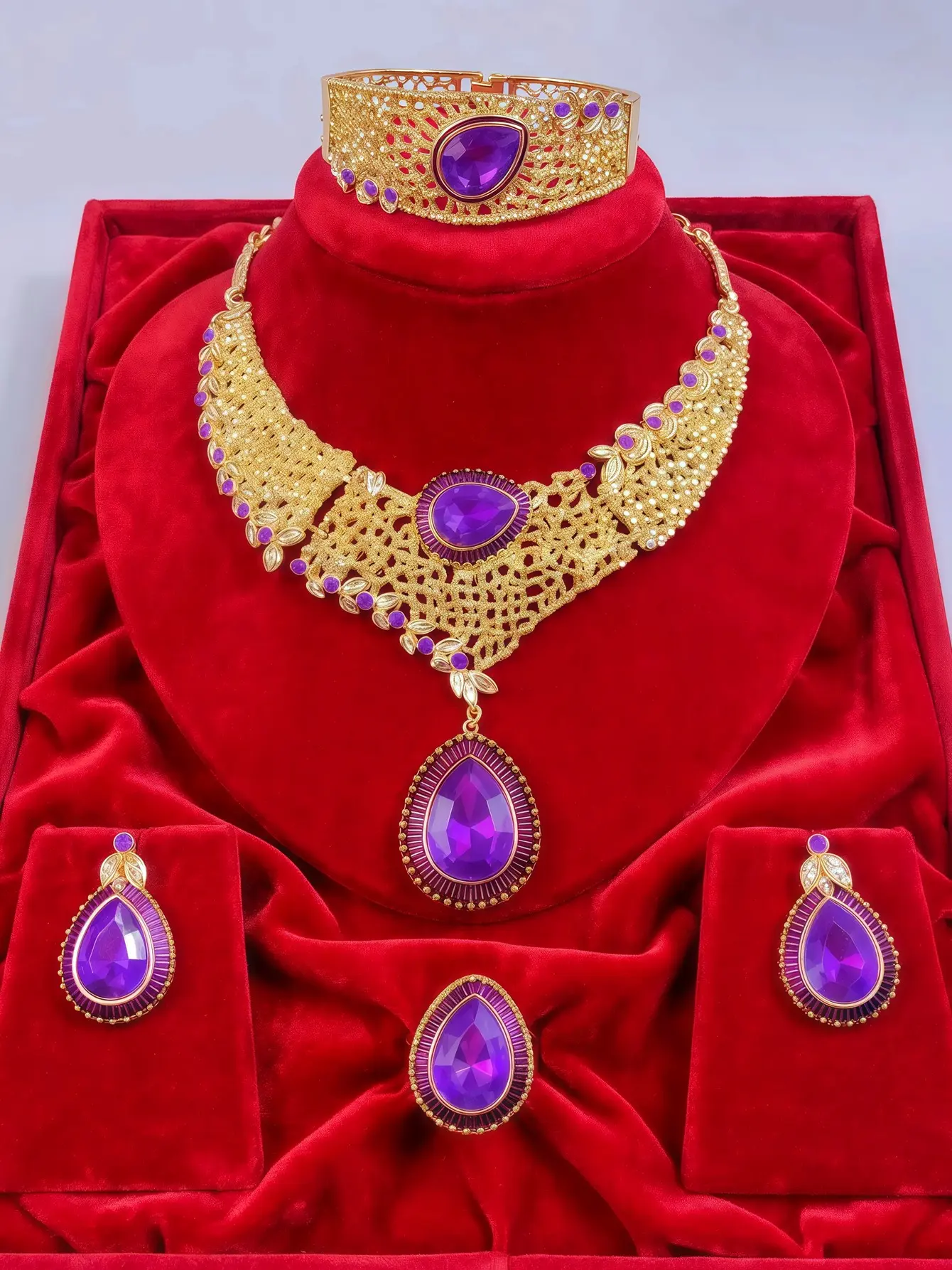 Women's 4-Piece Jewelry Set with Purple Teardrops, Vintage Filigree Metal Choker Necklace, Bracelet, Earrings & Ring in Gold Aesthetic for Weddings, Set Match, Antique Style Jewelry Sets