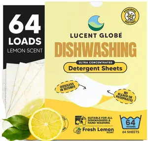 Lucent Globe Dishwasher Dishwashing Detergent Sheets, Dish Soap & Dishwashing Tablets Alternative. Plant-Based, Eco-Friendly, Lemon Scent & Plastic Free Packaging (64 Sheets)