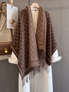 Retro Double-Sided Letter Jacquard Scarf for Winter, Warm Multicolor Knit Shawl with Fringes, Cozy Neck Wrap for Cold Weather
