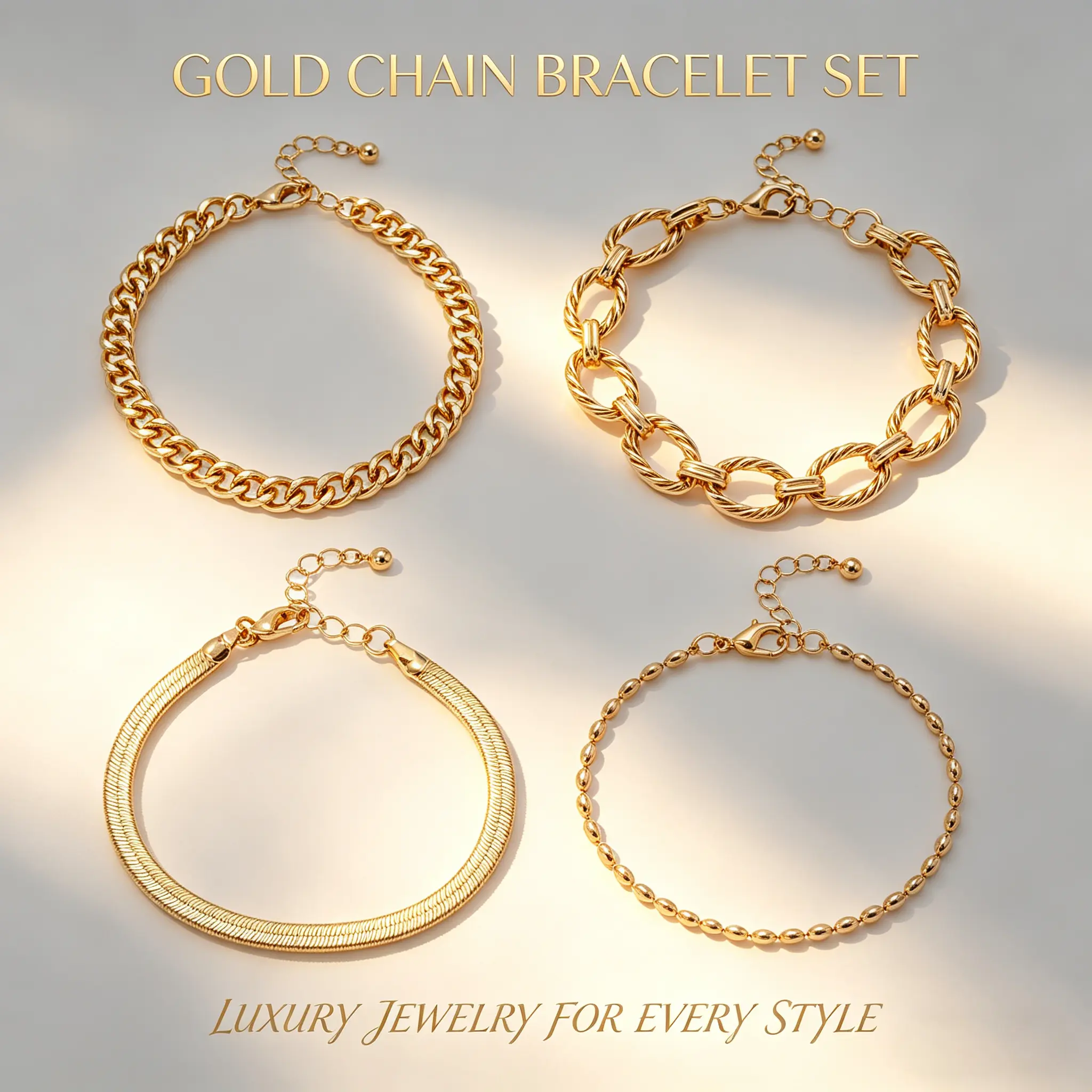 4Pcs Trendy Gold-Tone Stackable Bracelet Set - Cuban, Herringbone & Twisted Link Chain Jewelry for Women, Adjustable Layered Wrist Accessories