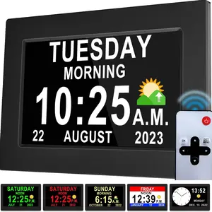 [ Version] 7 Inch Day Clock - 19 Alarms,20 Custom Reminder, Remote Control, Level 10 Auto Dimmable Display Calendar Clock, Non-Abbreviated Day Date  Clock for Impaired Vision Dementia Seniors
