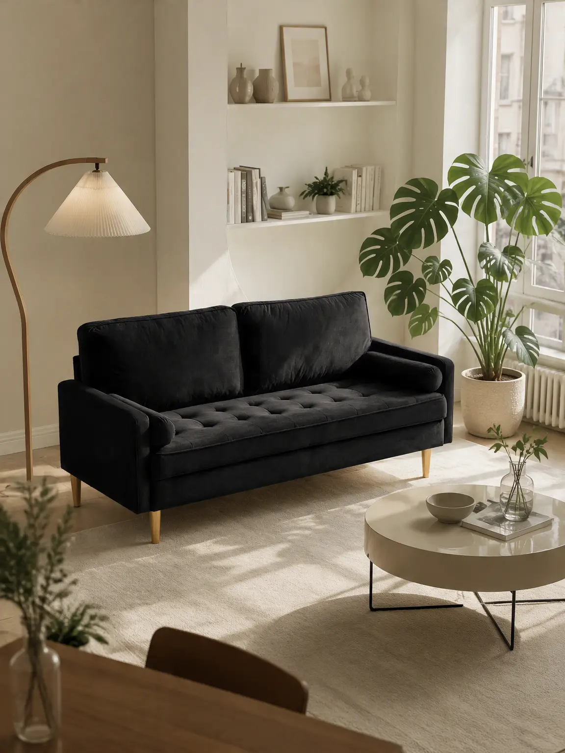 SZLIZCCC 65" Midcentury Modern Upholstered Loveseat Sofa, 2-Seater Comfy Velvet Tufted Couch with Bolster Pillows, Golden Metal Legs, Minimal Chic Low Profile Living Room Furniture for Small Spaces (Black)