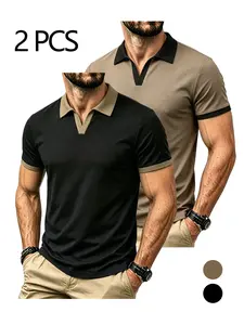 Two-Pack Men's Waffle Colorblock V-Neck Polo Shirts, Summer Breathable Short Sleeve T-Shirts, Casual Loose-Fitting Fashion