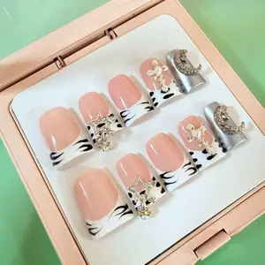 Y2K Duck Shape Press On Nails Pink Zebra French Tip Bling Cross Moon False Nails