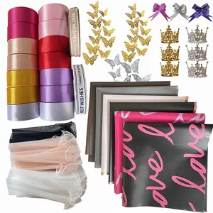 All-in-One Ribbon Flower Set of Florist Supplies DIY Ribbon Rose Bouquet Supplies Includes Ribbons,Pearly Gauze,Wrapping Paper,Crowns,Bows,and Butterfly Decorations