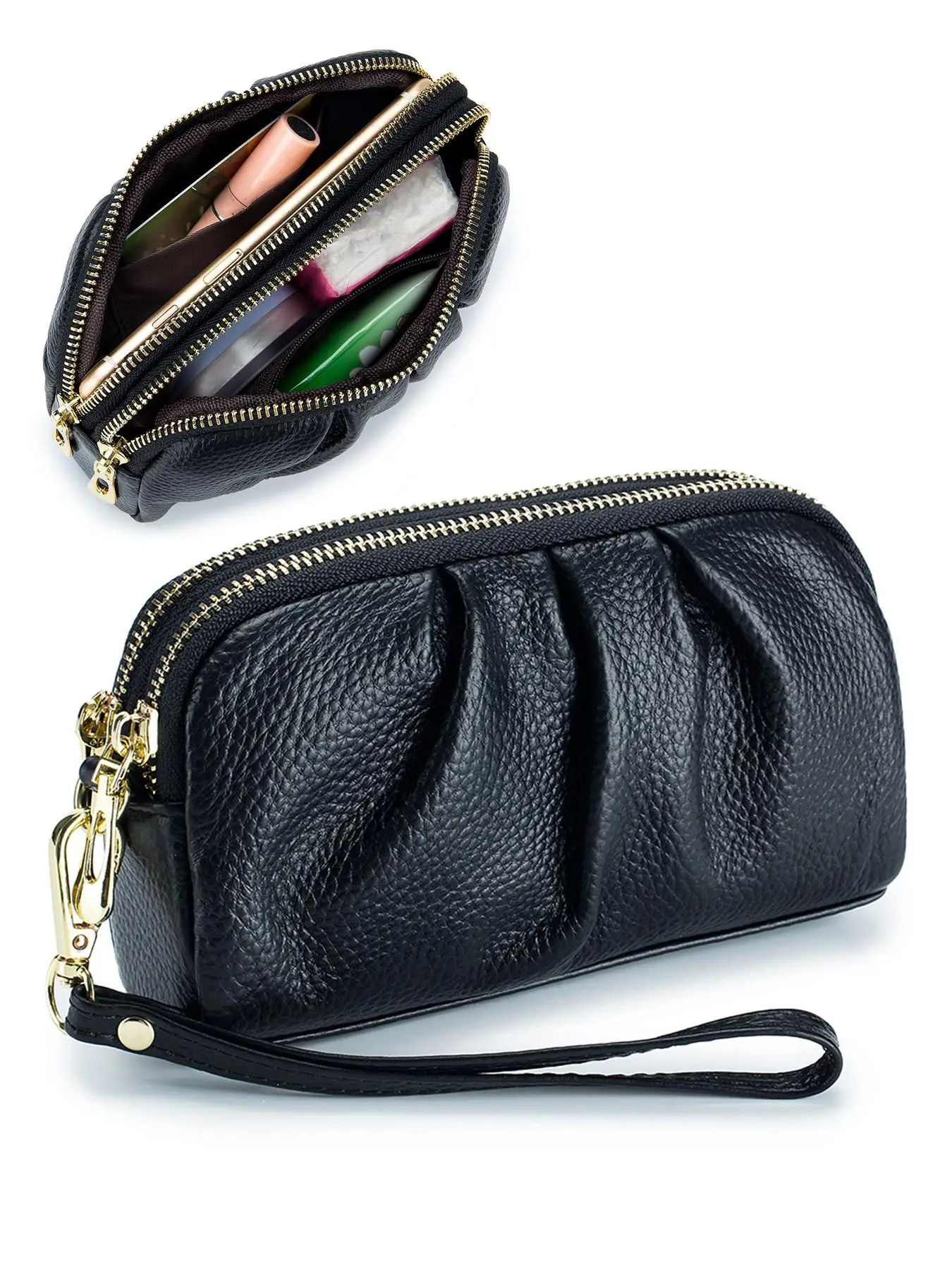 Genuine Leather Plicated Detail Women's Solid Color Wristlet, Fashionable Zipper Money Saving Wallet for Daily Used, Casual Trendy Versatile High-qual