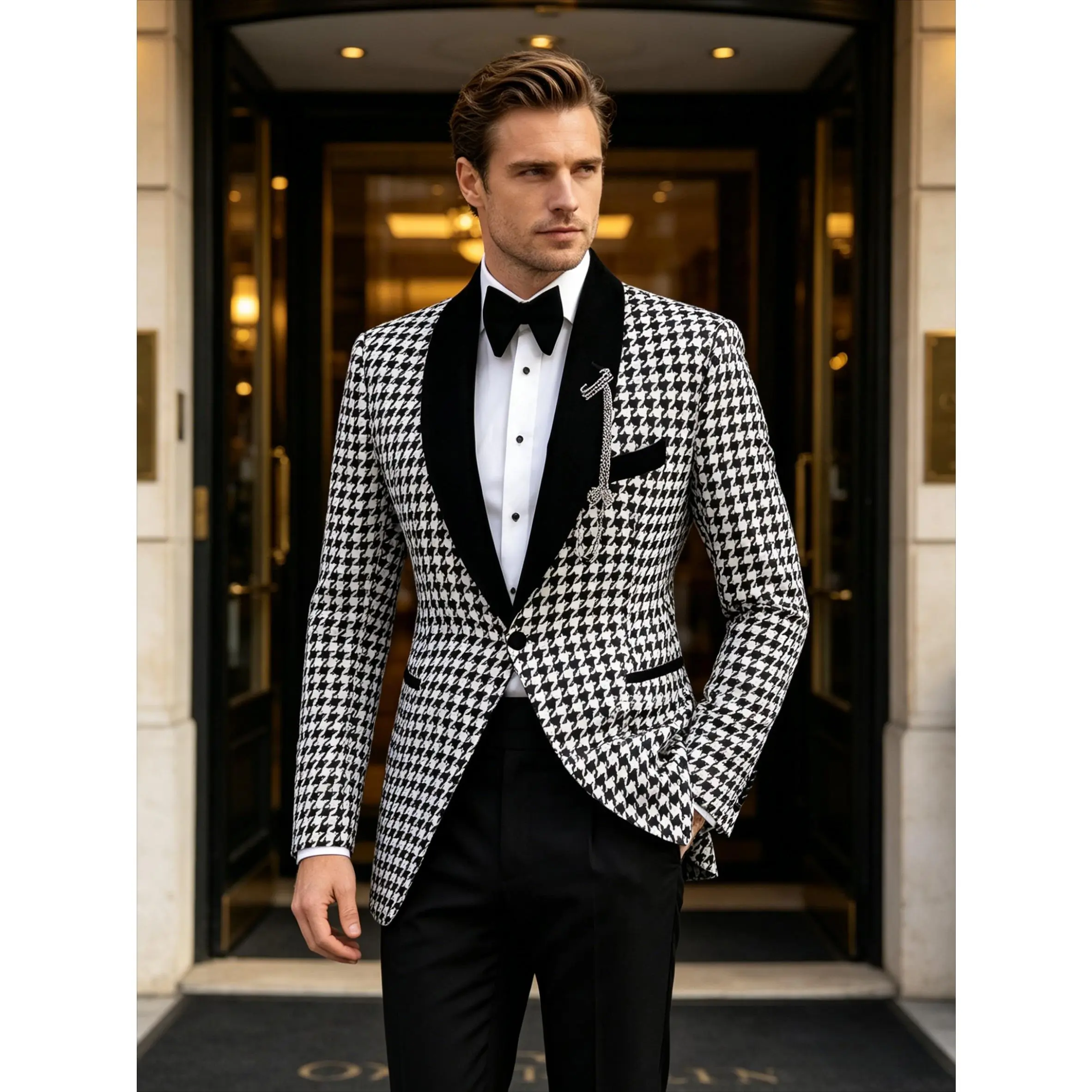 Men's Classic Houndstooth 3-Piece Suit, Formal Menswear Tuxedo with Plush Velvet Shawl Lapel for Weddings, Father of the Bride, Long, Elegant, Matching, Black And White, Polyester, Buttons, Fabric, Pants, Rayon, Basics, Fitted