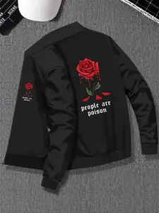 Men's Casual Pilot Jacket with Rose Print, Full Zip Closure, Fitted Polyester Blend, All Season Outdoor Coat Outerwear