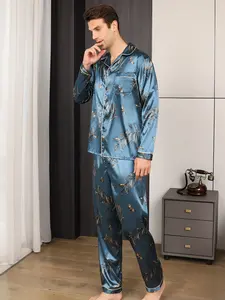 Men's Satin Sleepwear Set Long Sleeve Butterfly Bamboo Leaf Print Smooth Home Wear, Comfortable Nightwear for Men