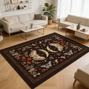 Vintage Moth Star Moon Mushroom Rug, Rectangular Dark Plant Floral Velvety Mat, Botanical Area Rugs, Soft Comfortable Non- for Living Room Bedroom, Decorative Area Rug, Flower Pattern Rugs