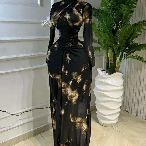 PULKRITU Women's Printed Draped Chic Long Sleeve Maxi Dress, Sexy Sheer Mesh Cocktail Prom Gown for Prom, Party and Music Festival, Club Party Dress