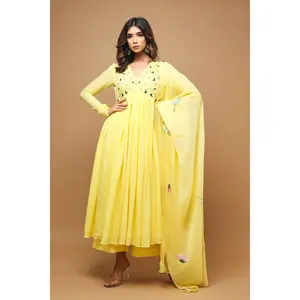 Yellow Anarkali Suit With Hand Painted Dupatta (Set Of 3)