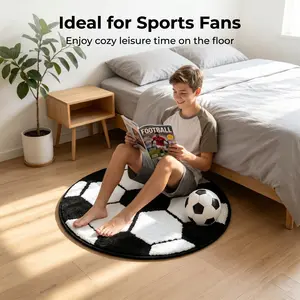 Blue & White Soccer Ball Round Bath Mat, 23.6" Ultra Soft Absorbent Non-Slip Rug, Sports Themed Decor, Perfect Gift for Bathroom, Bedroom & Kids Room