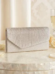 Women's Elegant Champagne Color Textured Envelope Clutch, Vertical Ribbed Flap, Subtle Sparkle, Ideal for Weddings & Formal Events